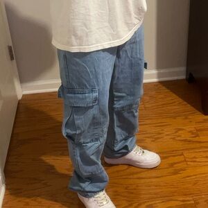 Blue Cargo Pants with Relaxed Fit and Full Length